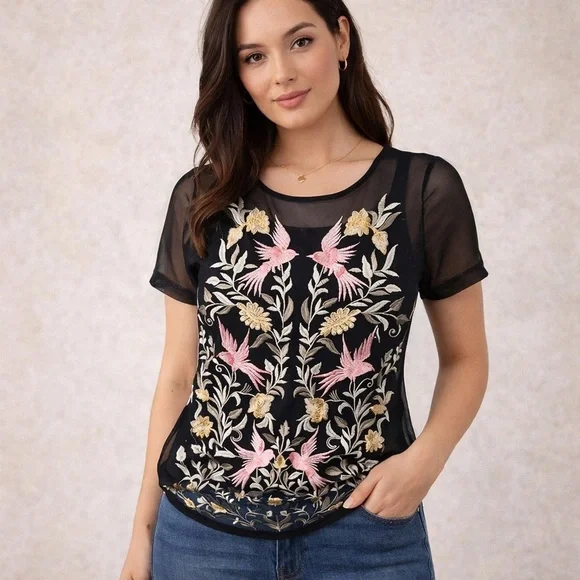 INC BLACK EMBROIDERED ROMANTIC 2 PIECE SHEER BLOUSE SET SIZE SMALL NWT - Picture 9 of 9